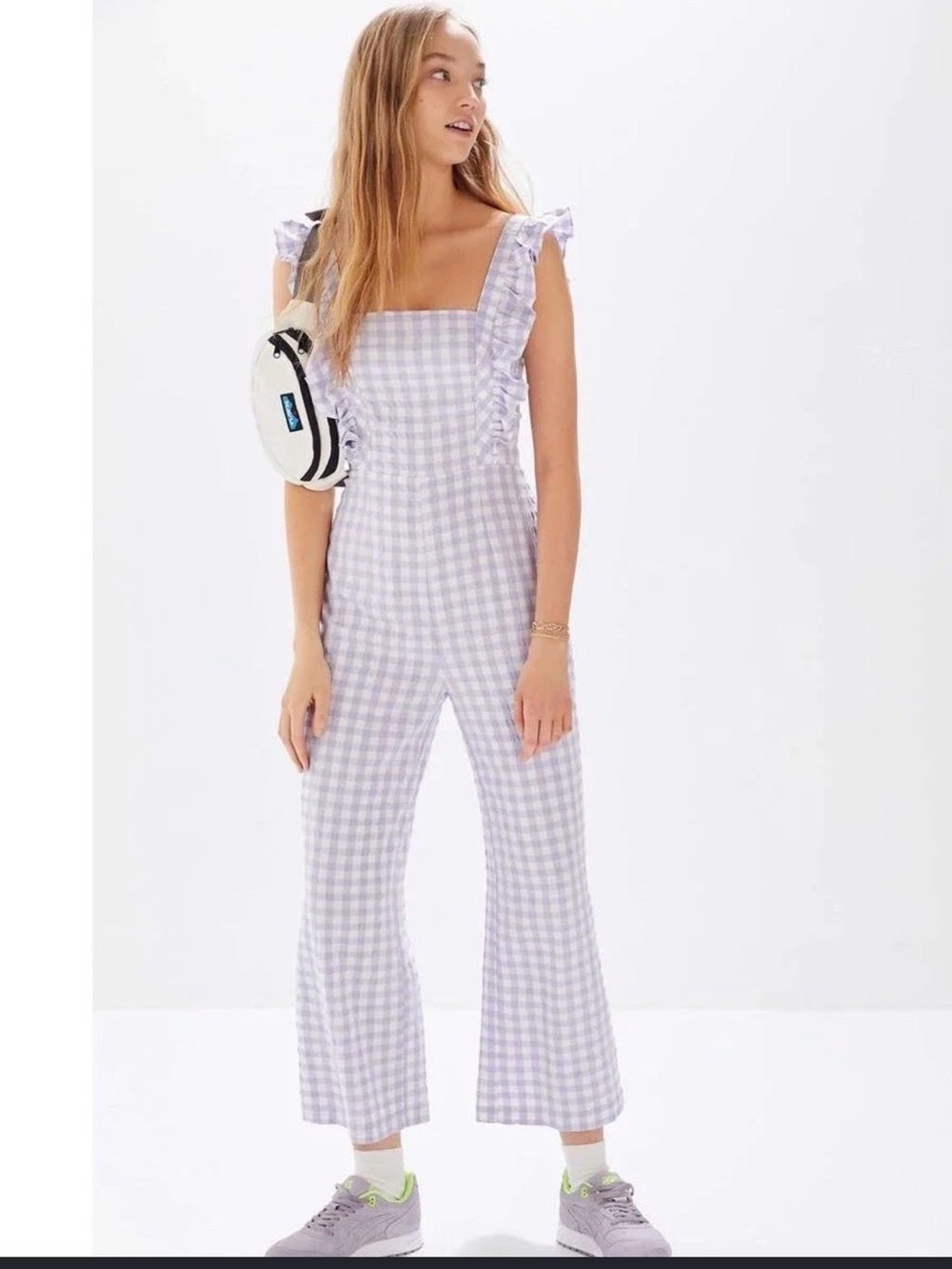 Urban Outfitters Lilac Gingham Ruffle-Strap Jumpsuit